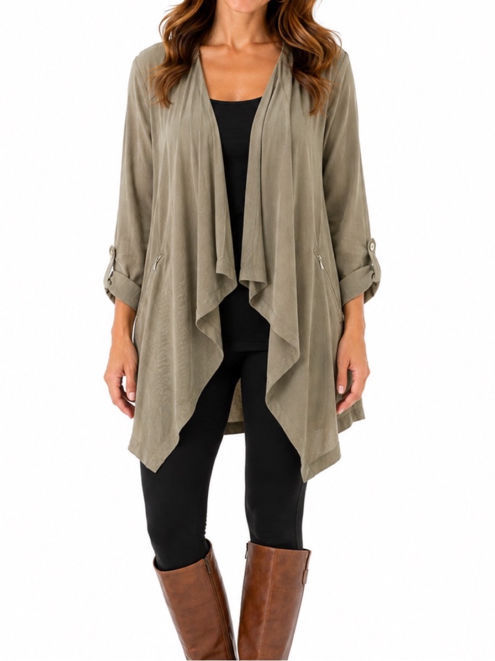 Lila Rose asymmetrical waterfall duster jacket in olive green